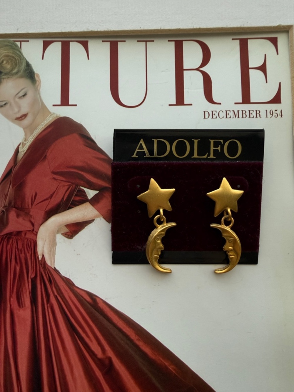 Adolfo Gold Star and Crescent Moon Drop Earrings